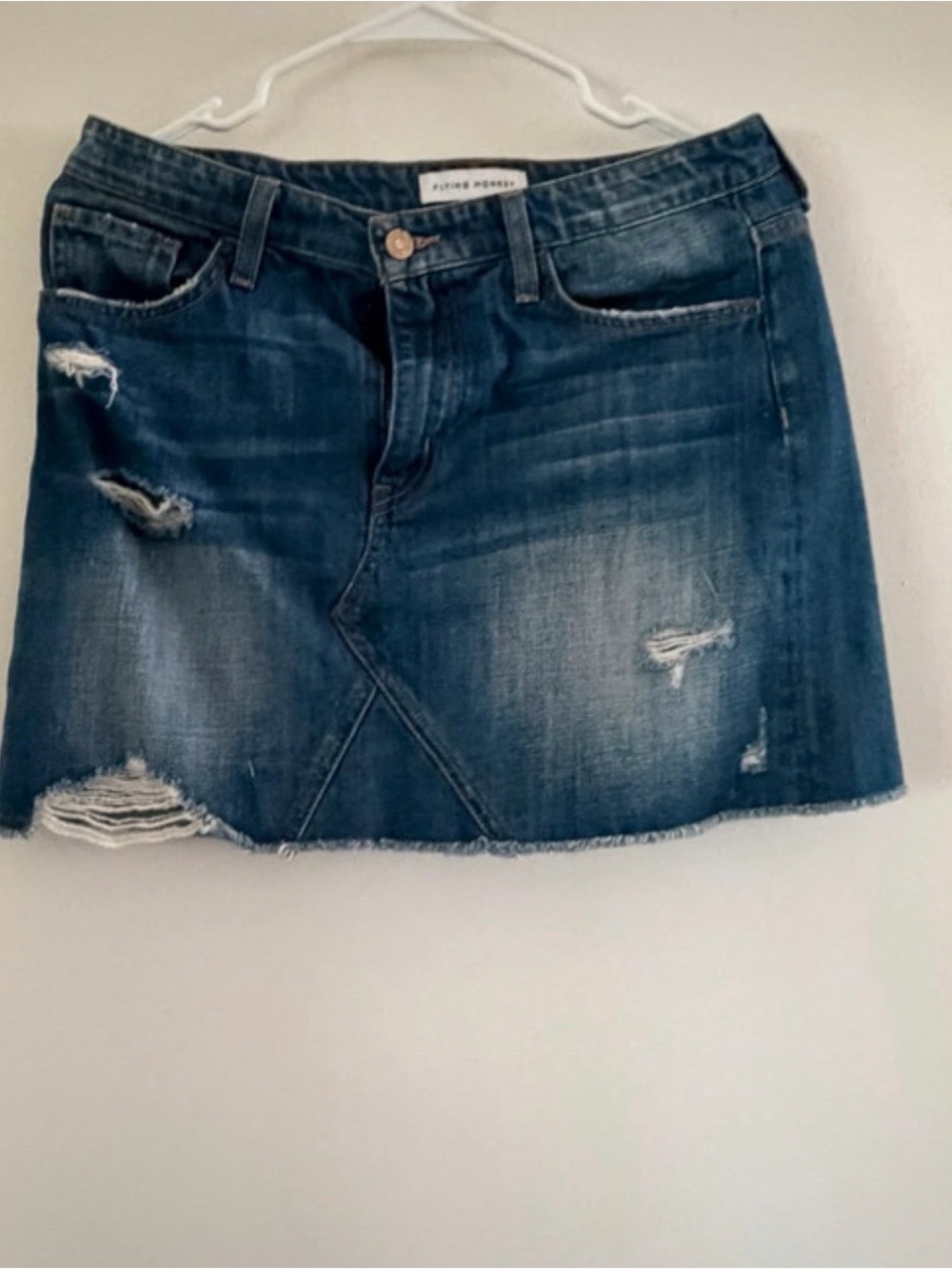 Flying Monkey Distressed Dark Blue Denim Mini Skirt Size 29